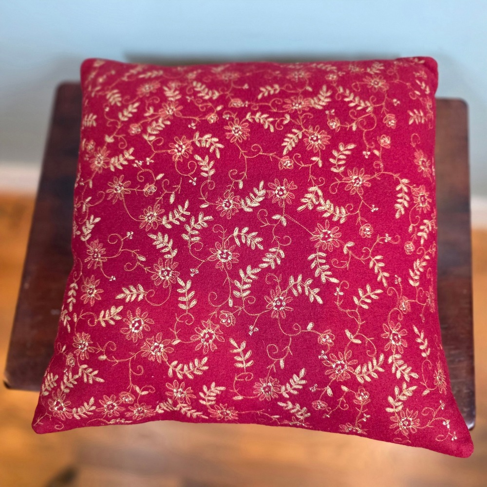 Crate & Barrel Avalon Gold Embroidered Pillow Red Wool 16x16 Zip Feather Insert